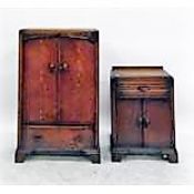 19th century elm seated stool together with a 1930's linen cabinet and a matching small cabinet
