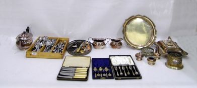 Silver plate entree dish and cover, teapot, cream jug, sugar basin, circular tray, three-piece cruet