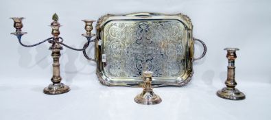 Silver plate on copper two-branch candelabrum, two single candlesticks and a rectangular two-handled