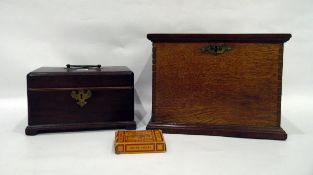 Stained wood tea caddy (af), pack of cards and an oak box with brass escutcheon (no key)