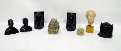 Pair of carved African figure bookends, another pair of carved figures, a carved soapstone box, a
