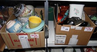 Various collectables, vases, Royal Doulton vintage biscuit barrel with hinged metal lid, etc (2