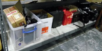 Large collection of projectors, cine cameras, films, amplifiers, etc (1 shelf)