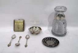 Cut glass bottle and stopper with silver-coloured metal rim, indistinctly marked (possibly