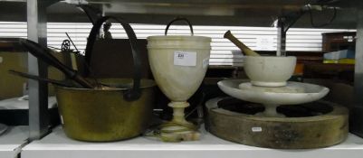 Copper jam pan, two copper pans, a ladle, an alabaster urn turned into a lamp (missing top), a