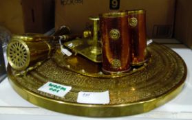 Various brass and copper items including a large brass circular Eastern style tray, chamber