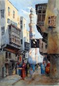 Unattributed Watercolour drawing of Eastern street scene with mosque in background and tradesmen