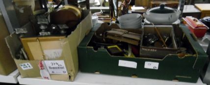 Large quantity of collectables, silver plate, copper, etc (2 boxes)