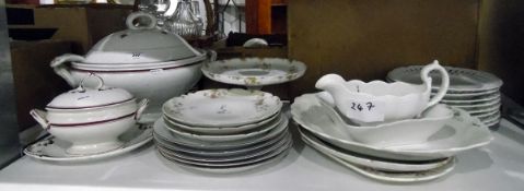 Large lidded tureen with ladle and another smaller, white ground with dark red decorations,