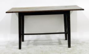 19th century oak three plank table, on tapering square supports and straight stretcher, 131cm long