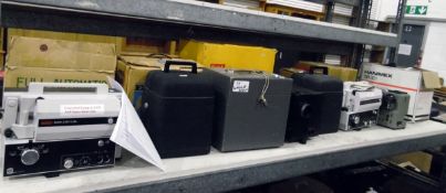 Large collection of projectors, cine cameras, films, amplifiers, etc (1 shelf)