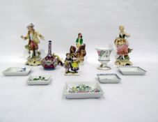 Pair of German porcelain figures, Staffordshire flatback vase (damaged), Imari bottleneck vase,