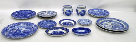 Quantity of 19th century and later blue and white pottery plates to include 'Willow' pattern,