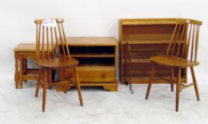 Dwarf pine three-tier open bookcase, nest of two tables, a pine television stand, a pair of