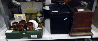 Three boxes of ceramics and two sewing machines