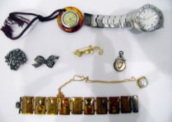 18ct gold blister pearl pendant on 9ct gold belcher link chain, Bulard fob watch with faux-