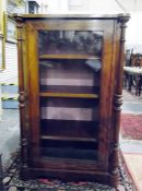 Victorian burr walnut inlaid and cross-banded music cabinet, three shelves, glazed door, brass