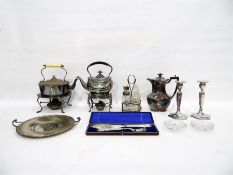 Silver plated kettle on stand, on four bun feet wi