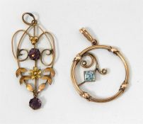 Two 9ct gold Edwardian pendants, one set with amet