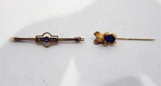15ct gold, pale blue stone and seedpearl bar brooc