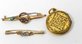 Two gold bar brooches and an engraved circular loc
