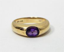 9ct gold and amethyst modern ring in rubover setti