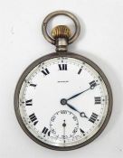 A silver Pinnacle open face pocket watch, enamel Roman numeral dial, with subsidiary dial