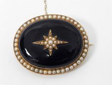 Victorian gold enamel and pearl mourning brooch, o