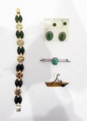 Gold-coloured and jadeite type bracelet, boxed, jade earrings, an Israeli brooch, etc