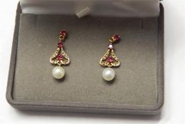 A pair of 9ct gold, diamond and cultured pearl drop earrings and a pair gold coloured hoop