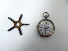 Lady's silver fob watch, open-faced, the white dia