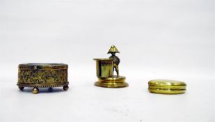 Oval brass jewellery casket with glass cover, a br