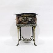 Circular silver plate fruit stand with blue glass liner,