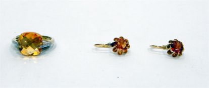 Pair of gold drop earrings, flower shaped, marks worn and a 9ct gold and citrine coloured stone