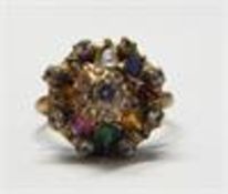 Gold-coloured Indian princess-style ring, multi-coloured gem set