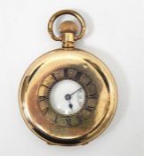Gold plated half hunter pocket watch, enamel Roman numeral dial, subsidiary dial