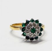 18ct gold, emerald and diamond cluster ring, 4.6g