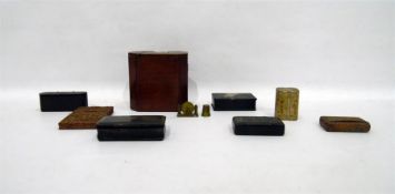 Wooden tea caddy, a walnut snuff box, a carved har