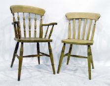 Pair of beech turned spindle back elbow kitchen ch