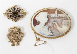 9ct gold oval-mounted cameo brooch, a 9ct gold bro