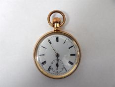 A gold plated open faced pocket watch, enamel Roma