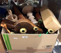 Various brass candlesticks, assorted wooden items,