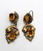Pair of gold-coloured and citrine-coloured drop ea