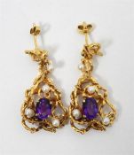 LOT WITHDRAWN Gold, amethyst and pearl drop earrings (marked indistinctly)