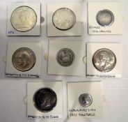 1894 LVIII Crown, uncirculated, four George V half-crowns, all EF to Unc, 1902 shilling EF, 1824