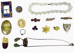 Collection of dress jewellery to include enamel Art Deco style brooch, Victorian silver brooch,