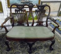 19th century mahogany double chair back open arm settee with pierced and carved vase-shaped