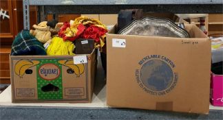 Box of assorted table linen, three travelling rugs, a very worn teddy bear, two Spanish dolls in