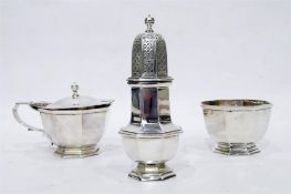 Early 20th century three-piece cruet set, octagonal-shaped, London, maker's mark 'N Bros', 419g in