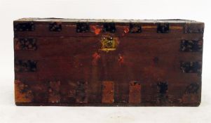 Old cane panelled stool on turned supports and an old wooden trunk (2)